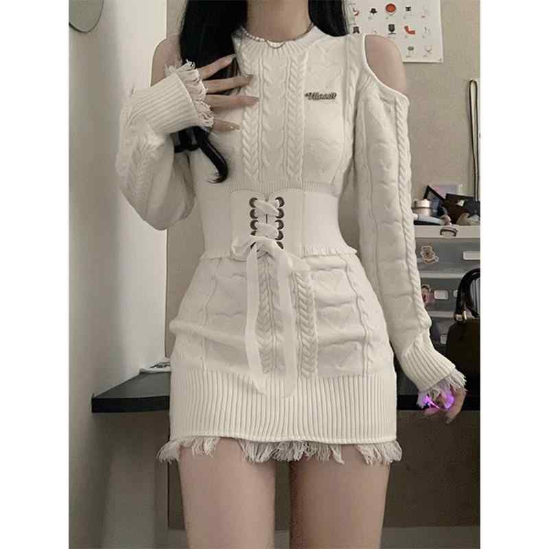 コスプレ 衣装 ロリータ レディース コスチューム パーティー 写真撮影 ニット ツイスト ウール 起毛 ウエスト ドレス オフショルダー タイト セーター ウエスト ベルト ガール セットアップ