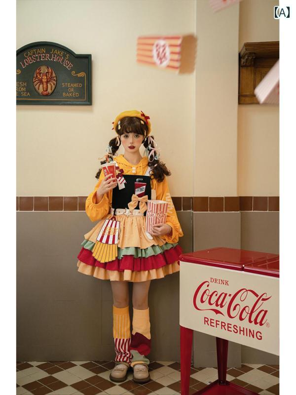 ロリータ ファッション コスプレ 衣装 コスチューム ハンバーガー スカート 秋冬 長袖 甘くて かわいい コスプレ 衣装