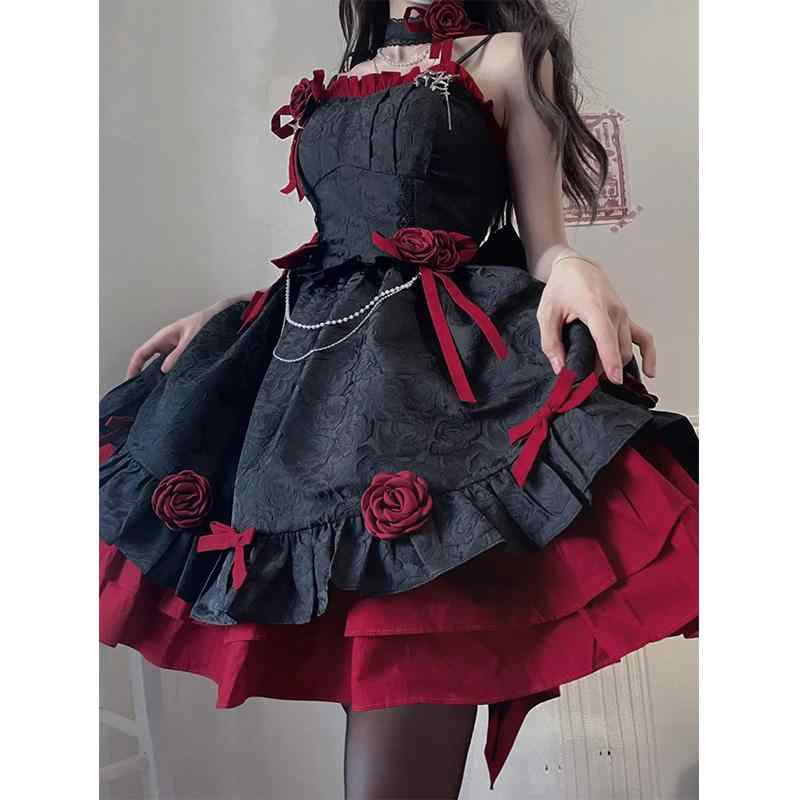 ロリータ ファッション コスプレ 衣装 コスチューム 黒 赤 ゴスロリ 地雷 地雷 ドレス ロマンチック ドレス トレーリング プリンセス ドレス