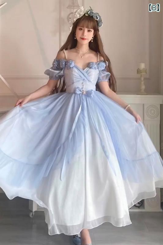 ドレス レディース 華やか パーティー 上品 エレガント グラデーション ピンクローズ 花嫁 スーパー フェアリー マーメイド カラー フェアリー メッシュ ロング スカート 春