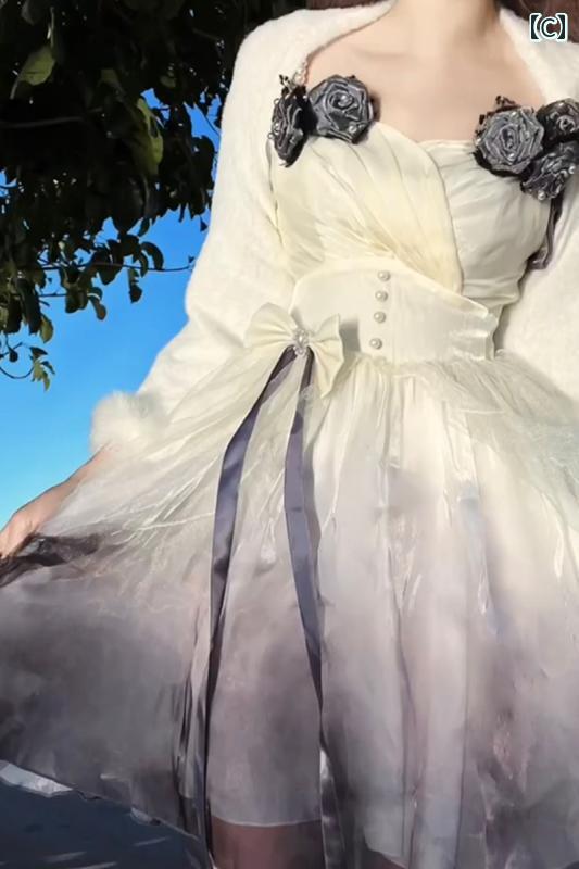 ドレス レディース 華やか パーティー 上品 エレガント グラデーション ピンクローズ 花嫁 スーパー フェアリー マーメイド カラー フェアリー メッシュ ロング スカート 春