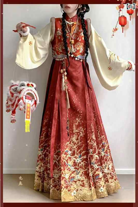 漢服 コスチューム レディース ファッション おしゃれ ステージ 撮影 舞台衣装 コスプレ 明朝 スタンドカラー ダブルブレスト 琵琶 袖 ベスト 馬顔スカート 秋冬 デイリー 正月 赤