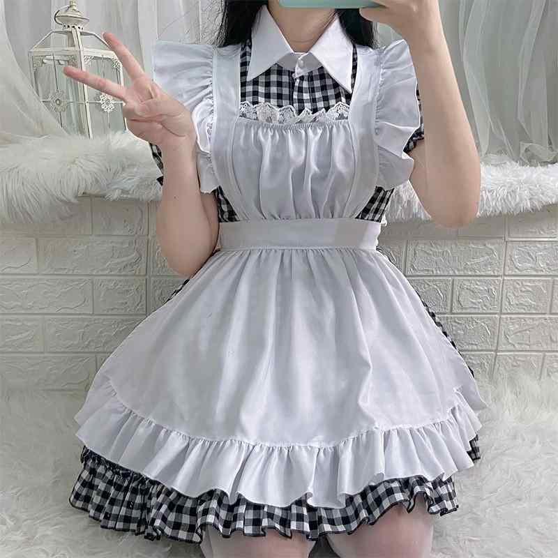 コスプレ 衣装 レディース コスチューム パーティー 写真撮影 メイド 服 レストラン カフェ ロング スカート 白黒 チェック メイド 衣装