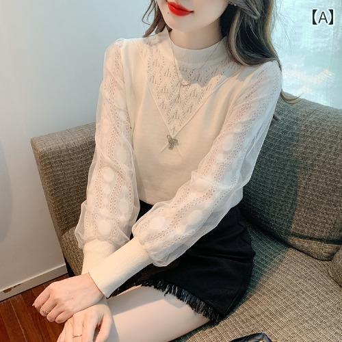 レディース トップス おしゃれ 上品 通勤 オフィス カジュアル ハーフ タートルネック レース ボトム シャツ 秋 セーター 長袖 秋冬 ニット セーター