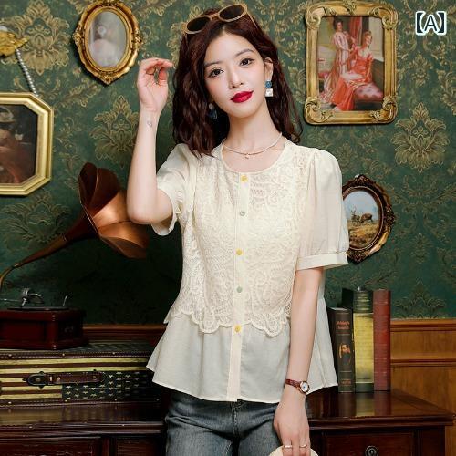 レディース トップス おしゃれ 上品 通勤 オフィス カジュアル 半袖 シフォンシャツ 新 フレンチ フェイク セットアップ 西洋 夏 シャツ(4)