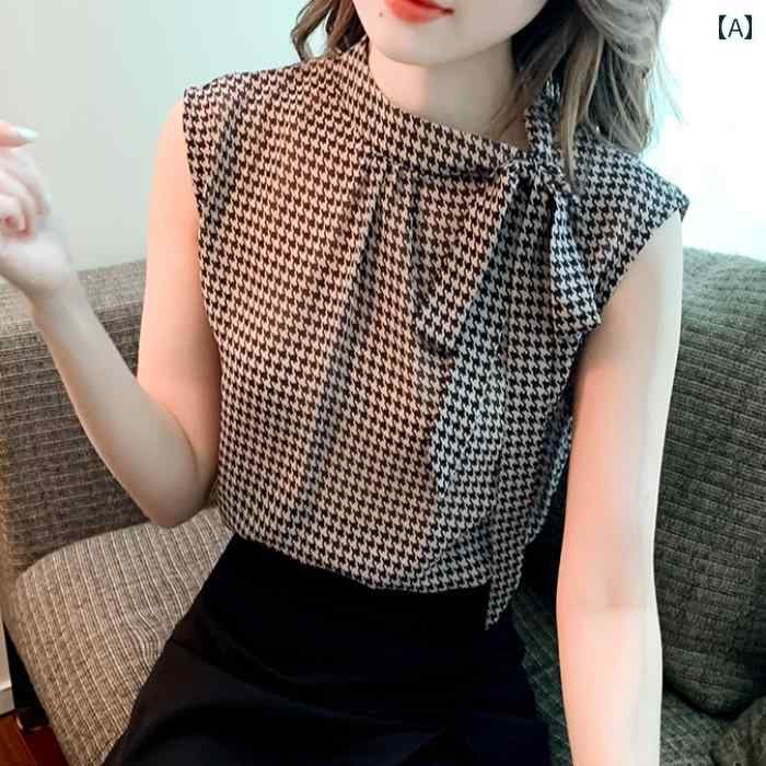 レディース トップス おしゃれ 上品 通勤 オフィス カジュアル 夏 ノースリーブ t シャツ 美しく スタイリッシュ 千鳥格子 リボン シフォンシャツ