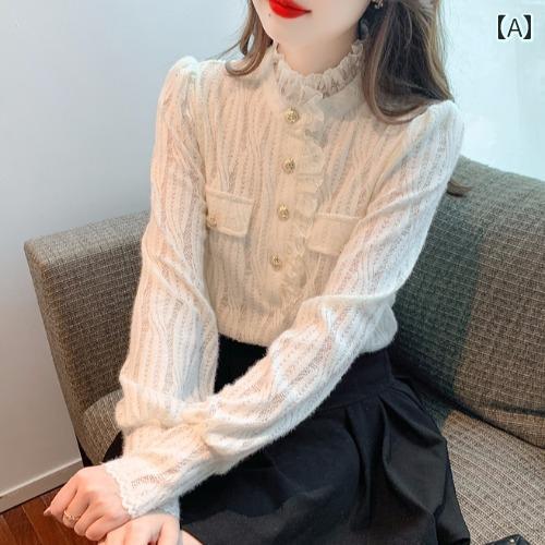 レディース トップス おしゃれ 上品 通勤 オフィス カジュアル 起毛 厚手 レース ボトム シャツ 秋冬 ..