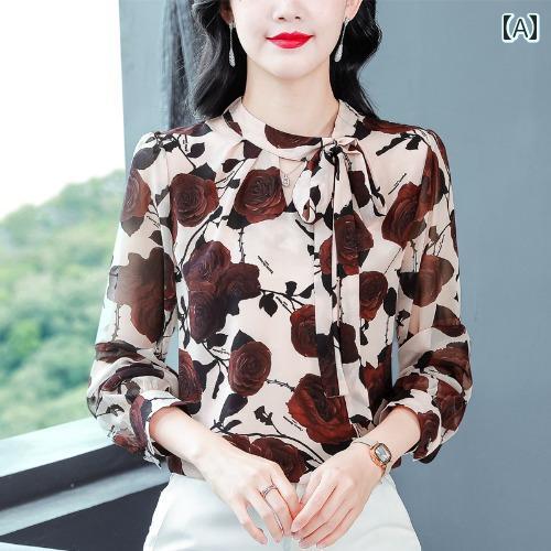 レディース トップス おしゃれ 上品 通勤 オフィス カジュアル フランス ファッション シャツ 秋 長袖 マザー プリント リボン シャツ
