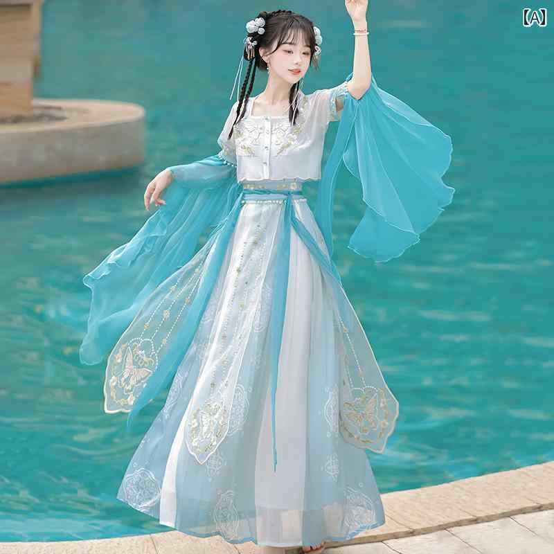 漢服 コスチューム レディース ファッション おしゃれ ステージ 撮影 舞台衣装 コスプレ 美 水 エキゾチック 漢 エレガント 西部 半袖 レトロ 衣装 フル セット 夏