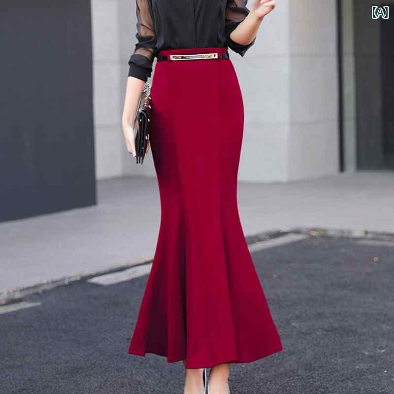 レディース スカート おしゃれ 通勤 オフィス カジュアル ベルト ハイウエスト 大きめサイズ フィッシュテール ストレッチ フリル 着痩せ オフィス ヒップ カバー 秋