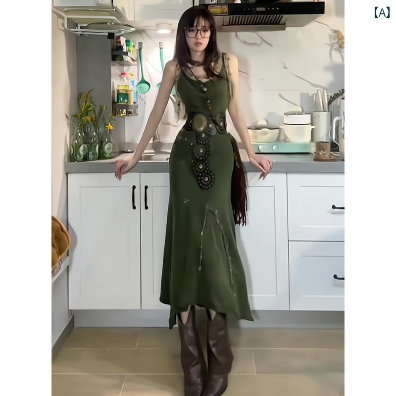 レディース ファッション カジュアル おしゃれ 夏 レトロ グリーン ニット 肩ひも ドレス 魅惑 ガール スリム ヒップ 包み込む スカート ウエスト ロング スカート