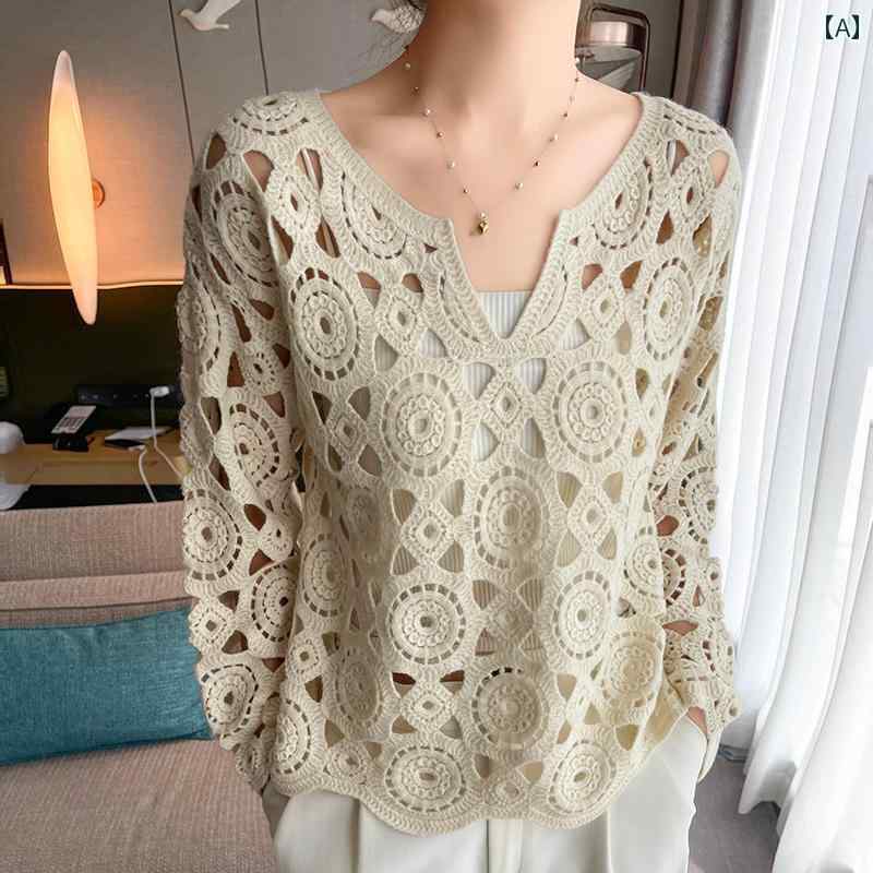 レディース トップス シンプル おしゃれ ウール セーター Vネック フック フラワー セーター ニット レ..