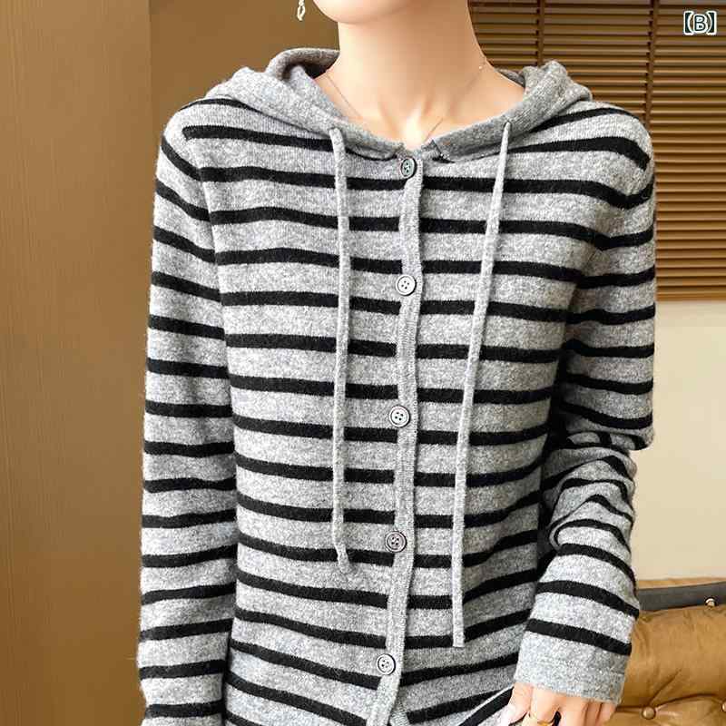 レディース トップス シンプル おしゃれ 秋 フード ストライプ ウールカーディガン アウター セーター ニット ジャケット アウターウェア