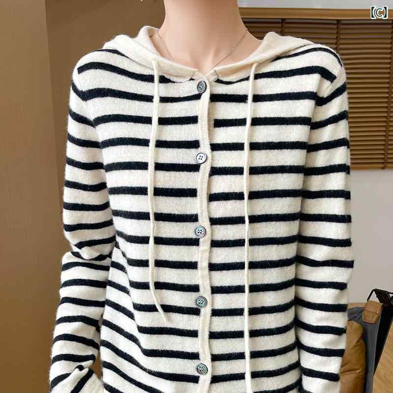 レディース トップス シンプル おしゃれ 秋 フード ストライプ ウールカーディガン アウター セーター ニット ジャケット アウターウェア