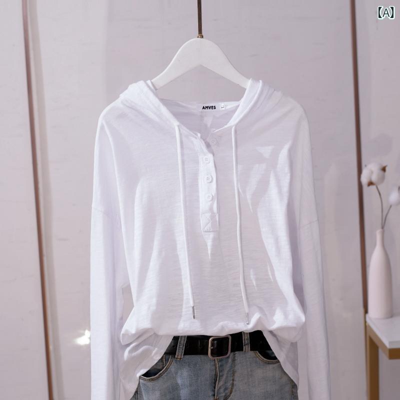 レディース トップス シンプル おしゃれ ホワイト フード 長袖 Tシャツ 春 ゆったり スリム 竹 綿 インナーボトム(4)