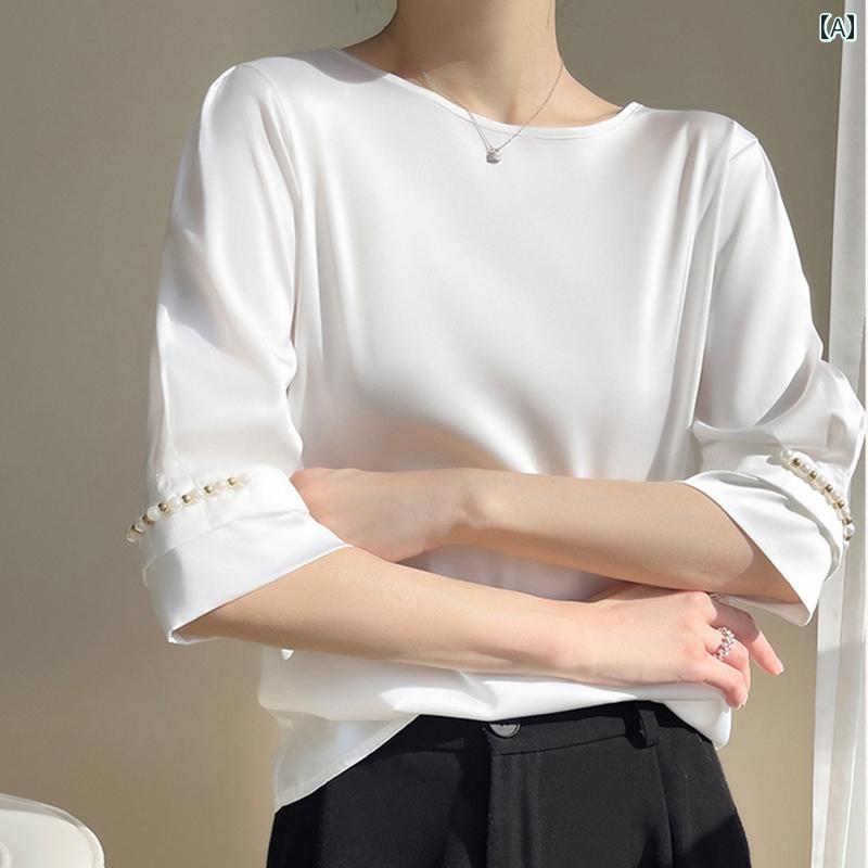 レディース トップス シンプル おしゃれ 七分袖 ラウンドネック 夏 アウター サテン インナー(4)