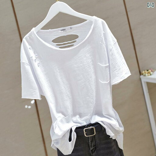 レディース トップス 上品 春 竹 綿 ホワイト Tシャツ 半袖 不規則 ダメージ 半袖 Tシャツ インナー トレンド レディース トップス 上品 春 竹 綿 ホワイト Tシャツ 半袖 不規則 ダメージ 半袖 Tシャツ インナー トレンド