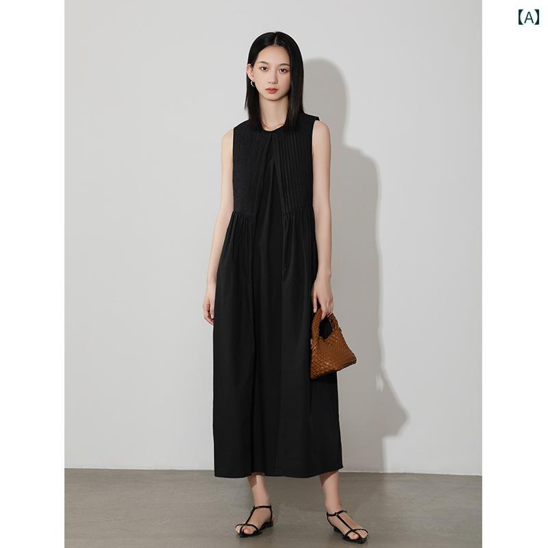 ワンピース レディース シンプル おしゃれ フレンチ ラウンドネックノースリーブ プリーツ スリム ロング ソリッドカラー ベスト ドレス 夏