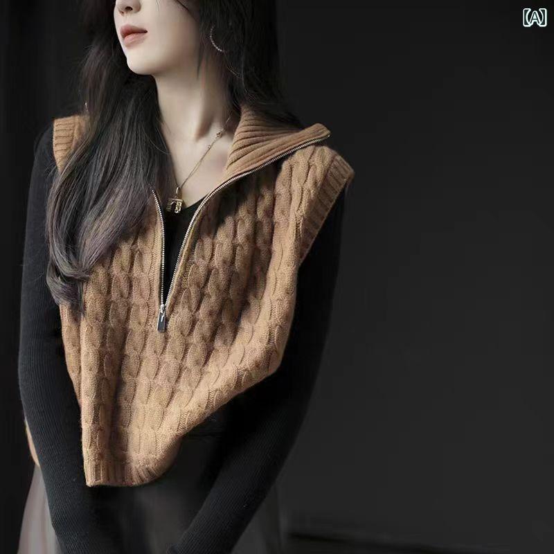 レディース トップス シンプル おしゃれ ツイスト ハイネック ウール 無地 ウエスト コート 厚手 ノースリーブ ショートレイ ヤード ニット ベスト