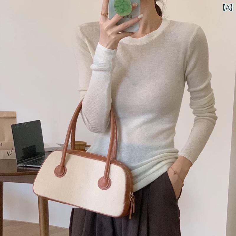 レディース トップス シンプル おしゃれ スタイリッシュ ラウンドネック ニット ボトム シャツ 薄手 涼しい 涼しい インナー プルオー..