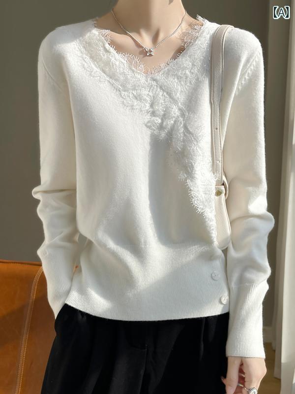 レディース トップス シンプル おしゃれ 春 ソフト ワックス 状 ウエスタン 白 シャツ レース Vネック セーター