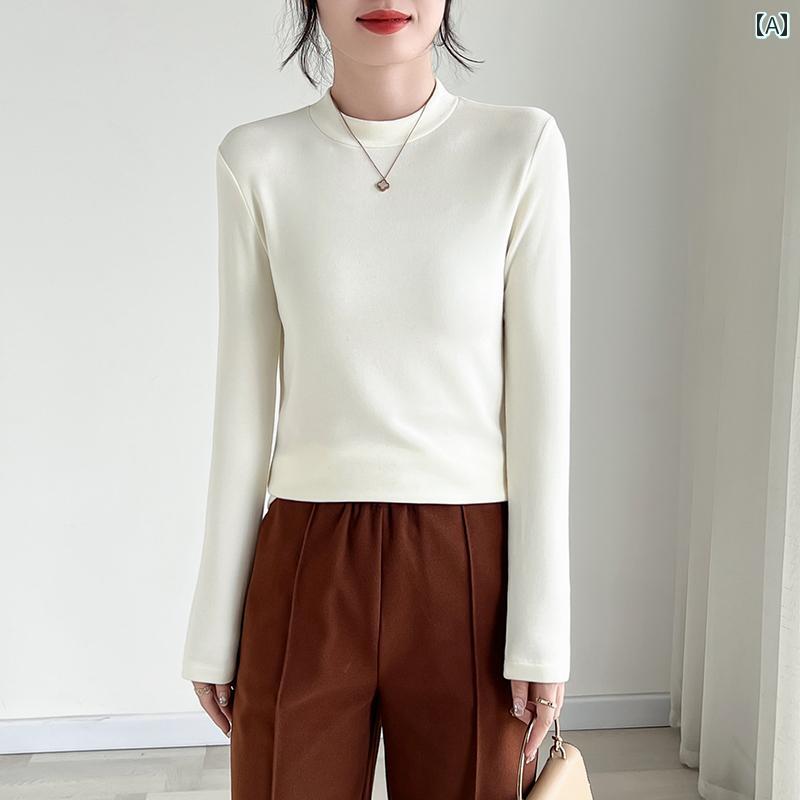 レディース トップス シンプル おしゃれ 秋冬 ネック 厚手 モダール 長袖 Tシャツ 無地 羊毛 スリムフィット 暖かい インナーウェア ス..