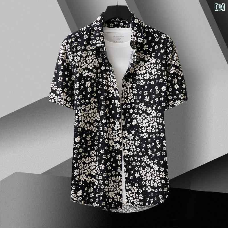 メンズ トップス おしゃれ 夏 襟 半袖 黒白 花柄 半袖 ゆったり シャツ