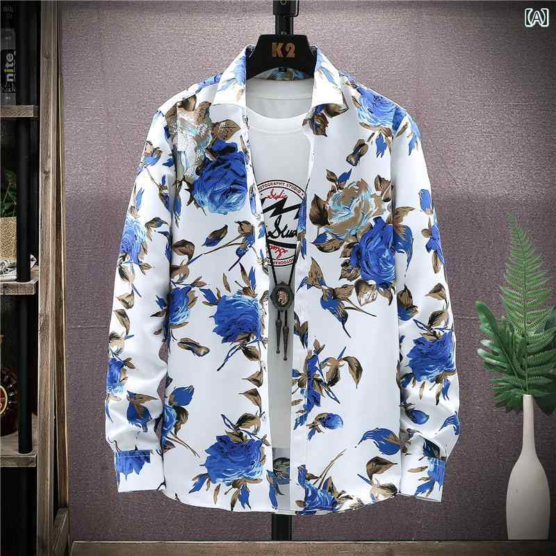 メンズ トップス カジュアル ファッション おしゃれ ファッション 白地 赤 花柄 長袖 シャツ 個性 アウター 春秋 ビーチ 休暇 服