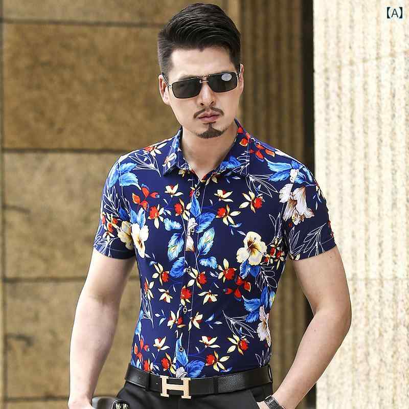 メンズ トップス カジュアル ファッション おしゃれ トレンディ 細身 太め 大きめサイズ ビーチ カジュアル 半袖 シャツ 花柄 ビーチ 太め 兄弟 プリント シャツ トレンディ