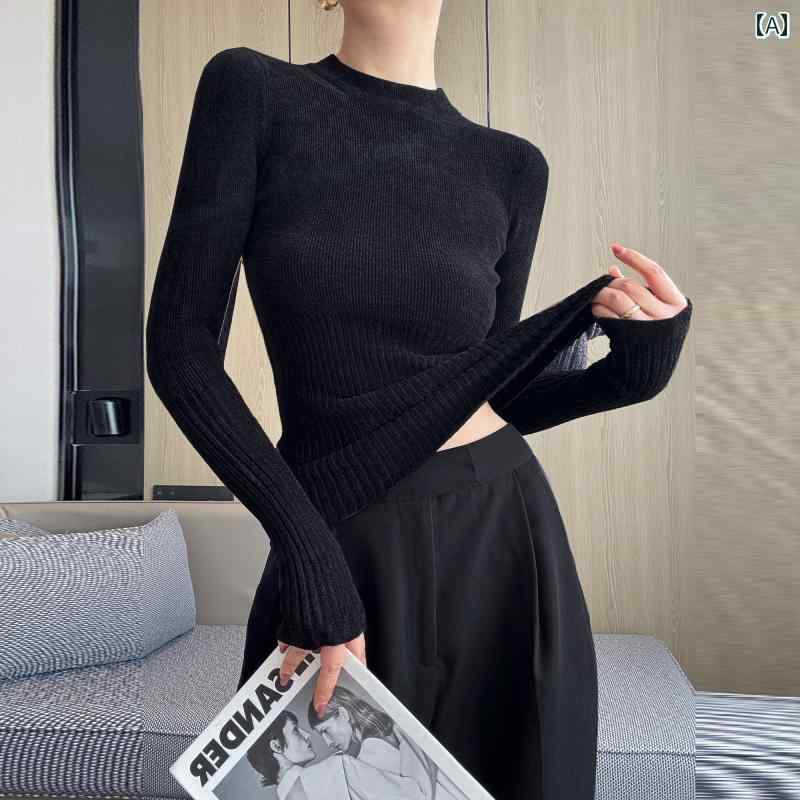 No Sleeve Knit - レディース トップス おしゃれ 秋冬 黒 ラウンドネック セーター スリムフィット 暖かい ニット シャツ