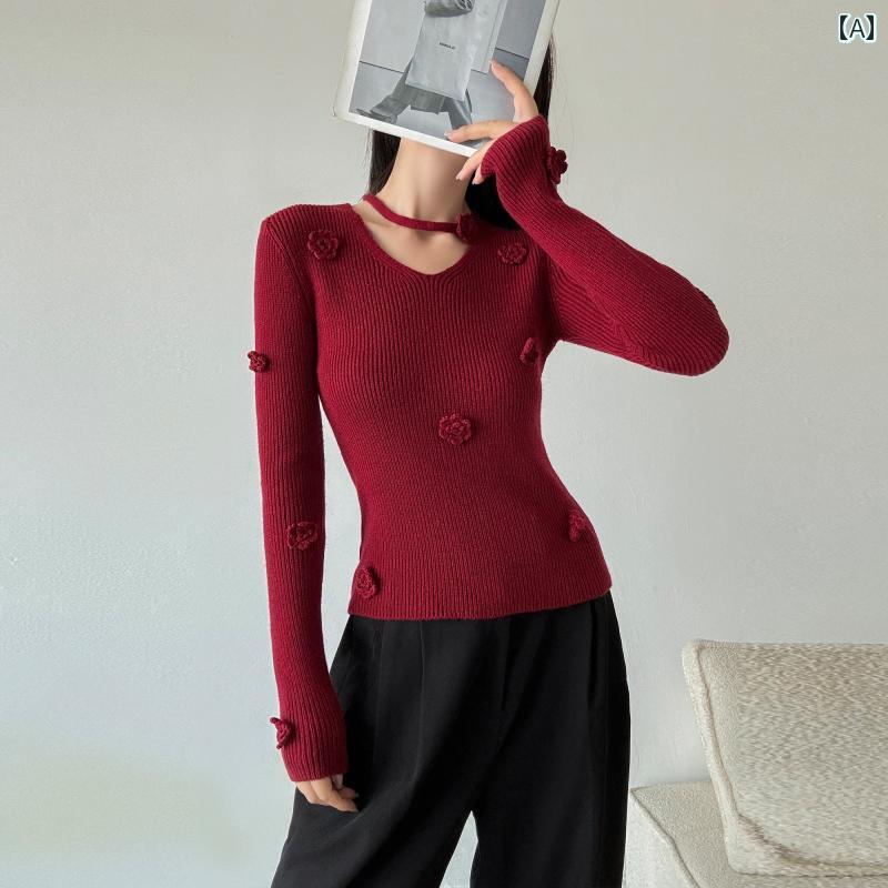 レディース トップス おしゃれ 新年 シャツ クリスマス 魅惑 Vネック アンゴラ レッド 　かぎ針 編み ..