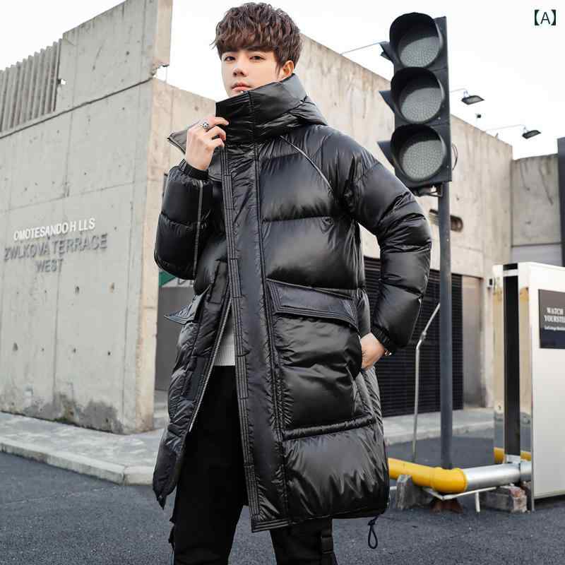 アウター メンズ おしゃれ ダウン ジャケット 丈 冬 韓国 フード 厚手 膝上 カジュアル ジャケット