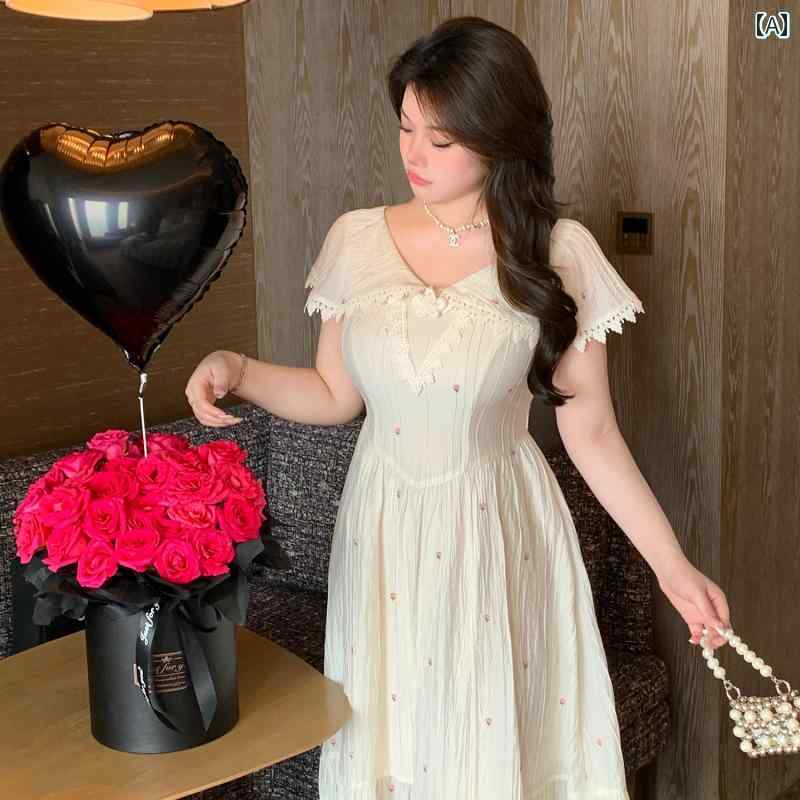 大きめサイズ レディース おしゃれ ファッション 婦人服 月下 白鳥 フランス レトロ スリム 花 刺繍 ドレス