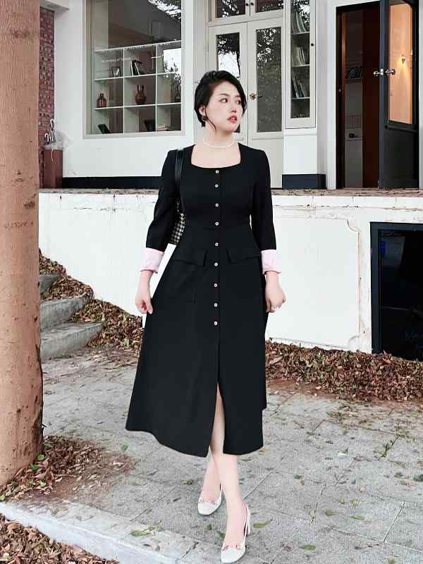 大きめサイズ レディース ファッション フレンチ カラー ブロック アセテート A 裾 ロング スカート スクエア ネック ウエスト ブラック ドレス