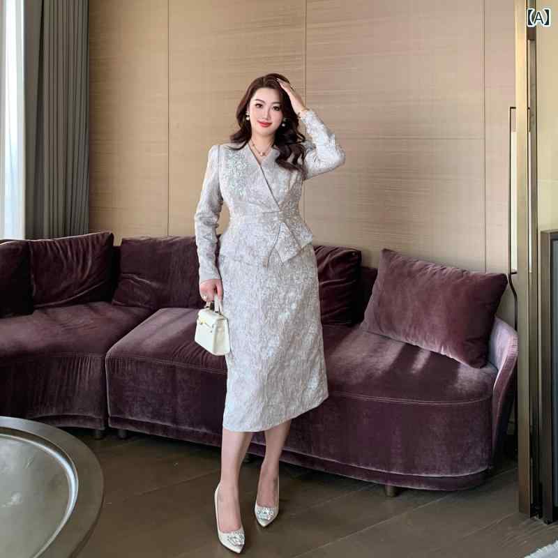 大きめサイズ レディース ファッション 秋冬 軽量 涼しい 涼しい ビーズ ジャカード フェイク セットアップ ドレス