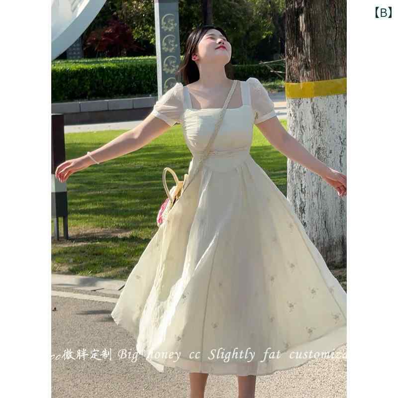 大きめサイズ レディース ファッション 肩が 狭く フレンチスクエア ネック aライン 半袖 ドレス 夏 スリム