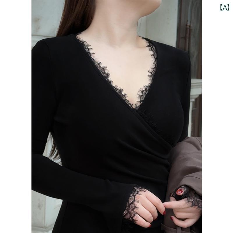 大きめサイズ レディース ファッション 韓国 コミック ヒロイン 黒 Vネック レース 快適 スリム ワンピ..