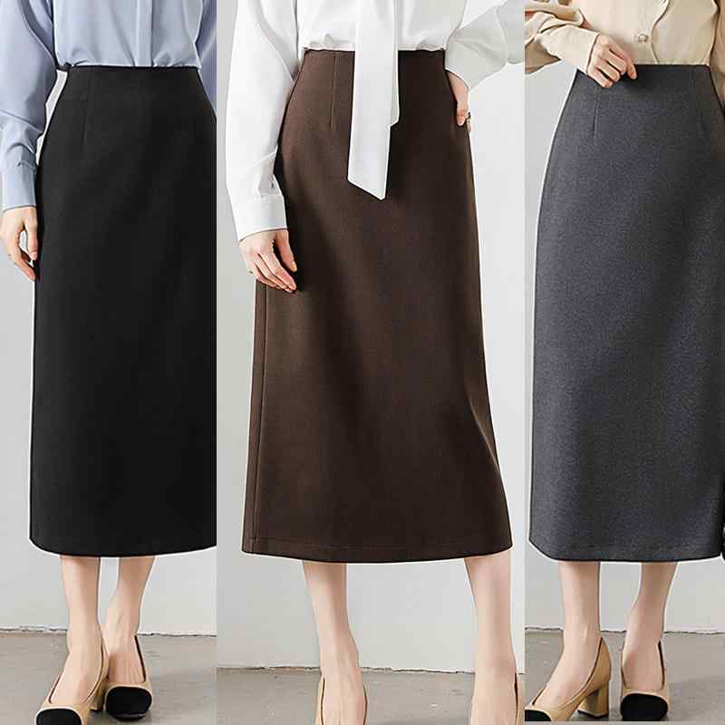 スカート レディース 秋冬 メルトン調 厚手 ハイウエスト ミモレ丈 きれいめ Aライン 無地 オフィス 通勤 デイリー エレガント ブラック グレー ブラウン