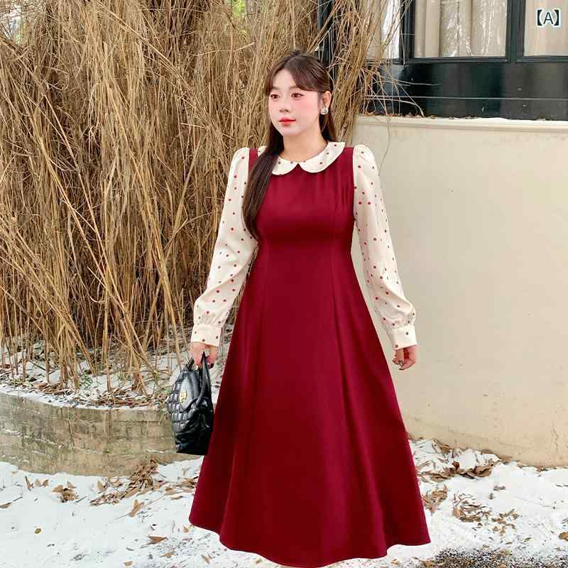 大きめサイズ レディース おしゃれ ファッション 5つ 花が 咲いた お ぽっちゃり フレンチ ウェーブ ポイント ドレス レトロ 赤 人形 襟 ドレス