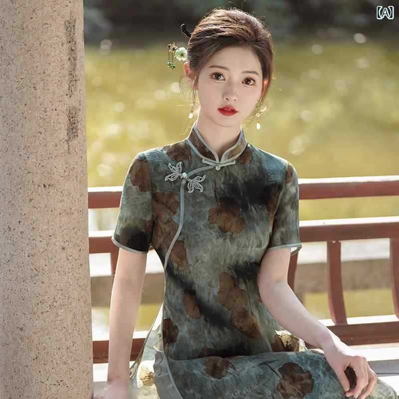 アオザイ レディース エレガント 上品 おしゃれ 華やか チャイナ ドレス インク ダーク カラー 普段着 チャイナ風 レトロ 春