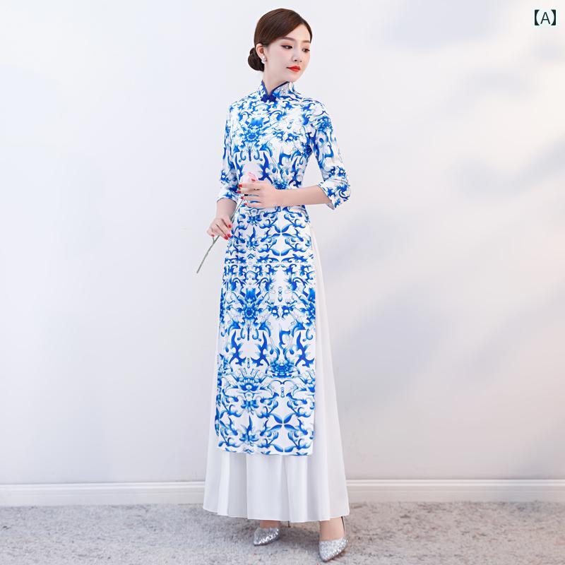 アオザイ レディース エレガント 上品 おしゃれ 華やか チャイナ風 青 白 ドレス ベトナム チャイナ ドレス ロング