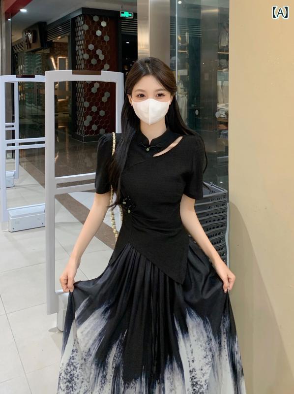 大きめサイズ レディース 夏 半袖 婦人服 新型 中国 復 レトロ スリム 不規則 スカート セットアップ