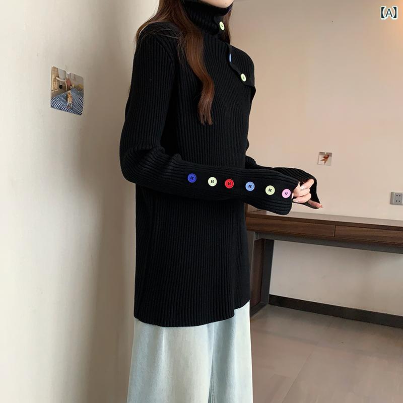 大きめサイズ レディース 秋冬 センス レインボー ボタン コア スパン 糸 長袖 ニット セーター 服 スリム シャツ(4)