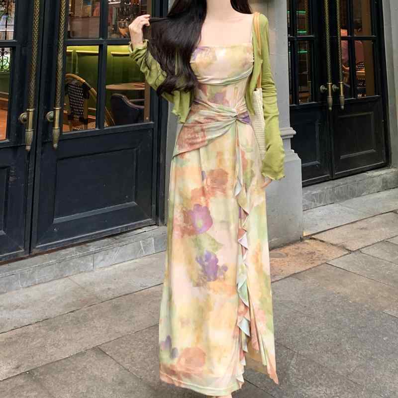 大きめサイズ レディース おしゃれ ファッション ぽっちゃり フレンチ レトロ インナーウェア ボトムス 肩ひも スカート 春夏 ウエスト 痩せ 花柄 ワンピース