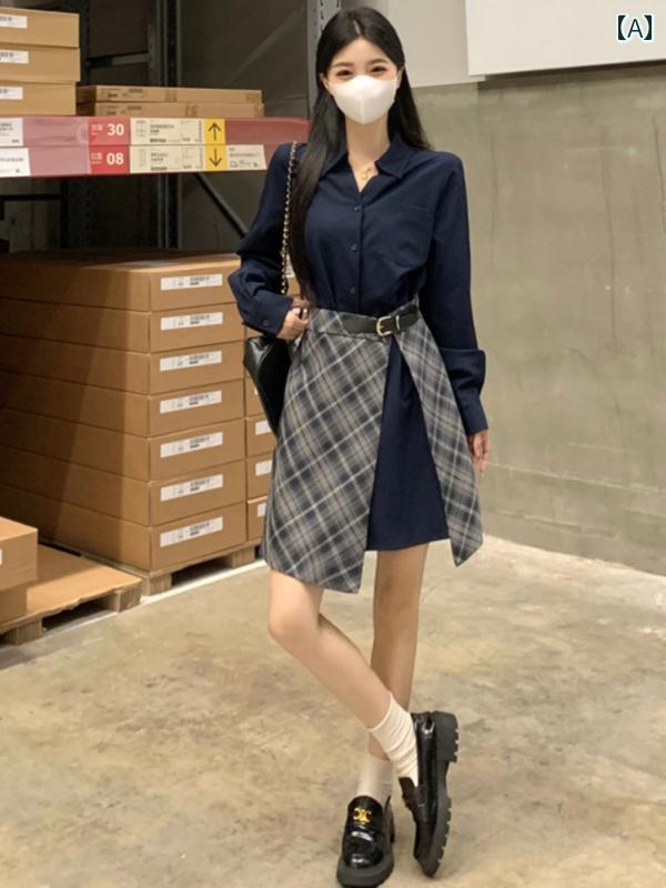 大きめサイズ レディース おしゃれ ファッション レトロ フェイク セットアップ 長袖 シャツ ドレス ぽっちゃり ウエスト 細く ドレス