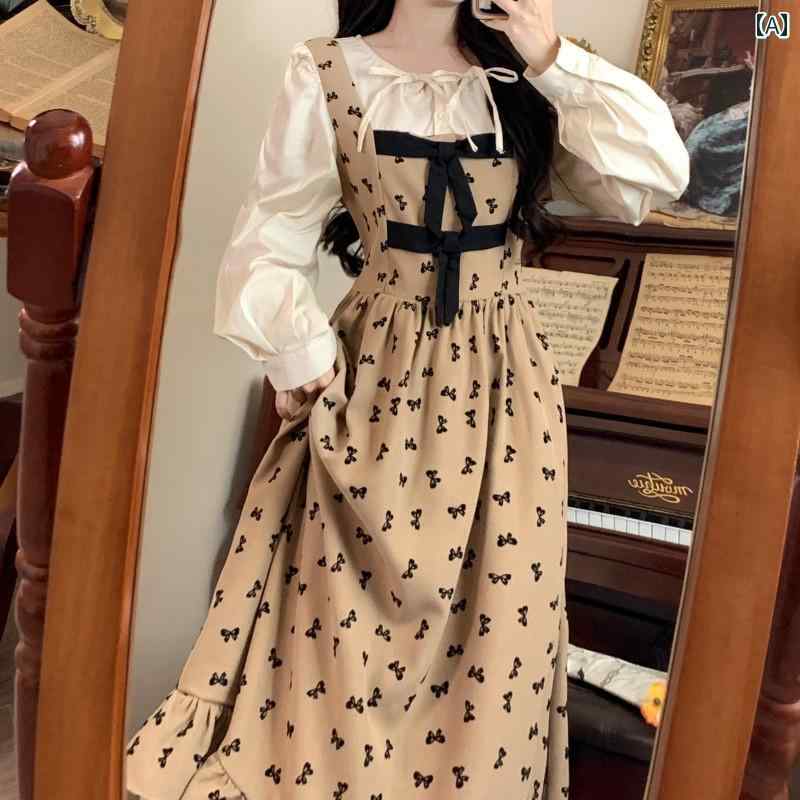 大きめサイズ レディース おしゃれ ファッション フランス カレッジ リボン フリル 長袖 ドレス し スリム 腹 ロング スカート