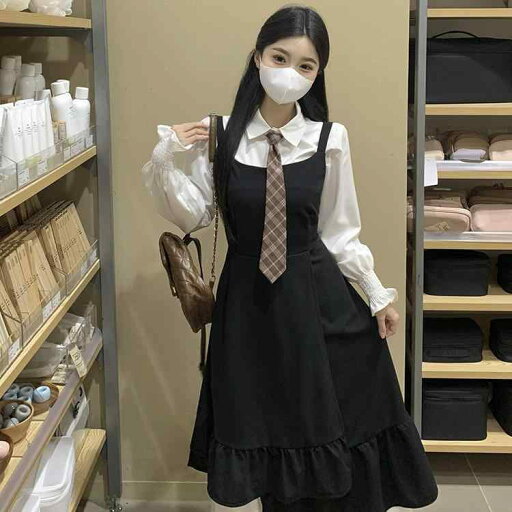 大きめサイズ レディース おしゃれ ファッション フレンチ 黒 肩ひも スカート 白 カレッジ 長袖 シャツ 韓国 ハーフ 丈 スカート 3点 大きめサイズ レディース おしゃれ ファッション フレンチ 黒 肩ひも スカート 白 カレッジ 長袖 シャツ 韓国 ハーフ 丈 スカート 3点