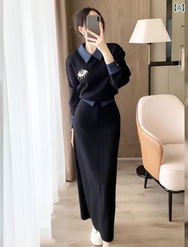 大きめサイズ レディース おしゃれ ファッション 秋冬 韓国 シンプル スカート 長袖 セーター ハイウエスト スカート セットアップ