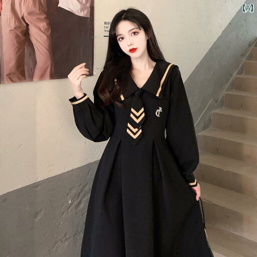 大きめサイズ レディース おしゃれ ファッション 春秋 カレッジ ネイビーカラー ロングスリーブドレス 服 体型カバー 痩せ JK タイ ロング ドレス 大きめサイズ レディース おしゃれ ファッション 春秋 カレッジ ネイビーカラー ロングスリーブドレス 服 体型カバー 痩せ JK タイ ロング ドレス