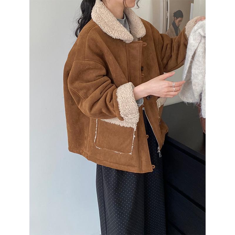 コート レディース 秋冬 レトロ スエード調 フェイクムートン ボア 保温性 アウター ビッグシルエット ラウンドカラー シングルボタン カジュアル 韓国風 普...